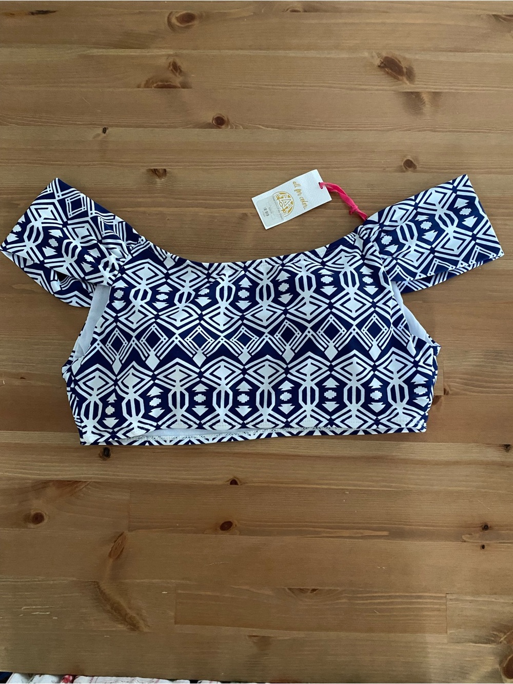 NWT All For Color Deep Divin Off‎ The Shoulder Navy White Bikini Top Size Large